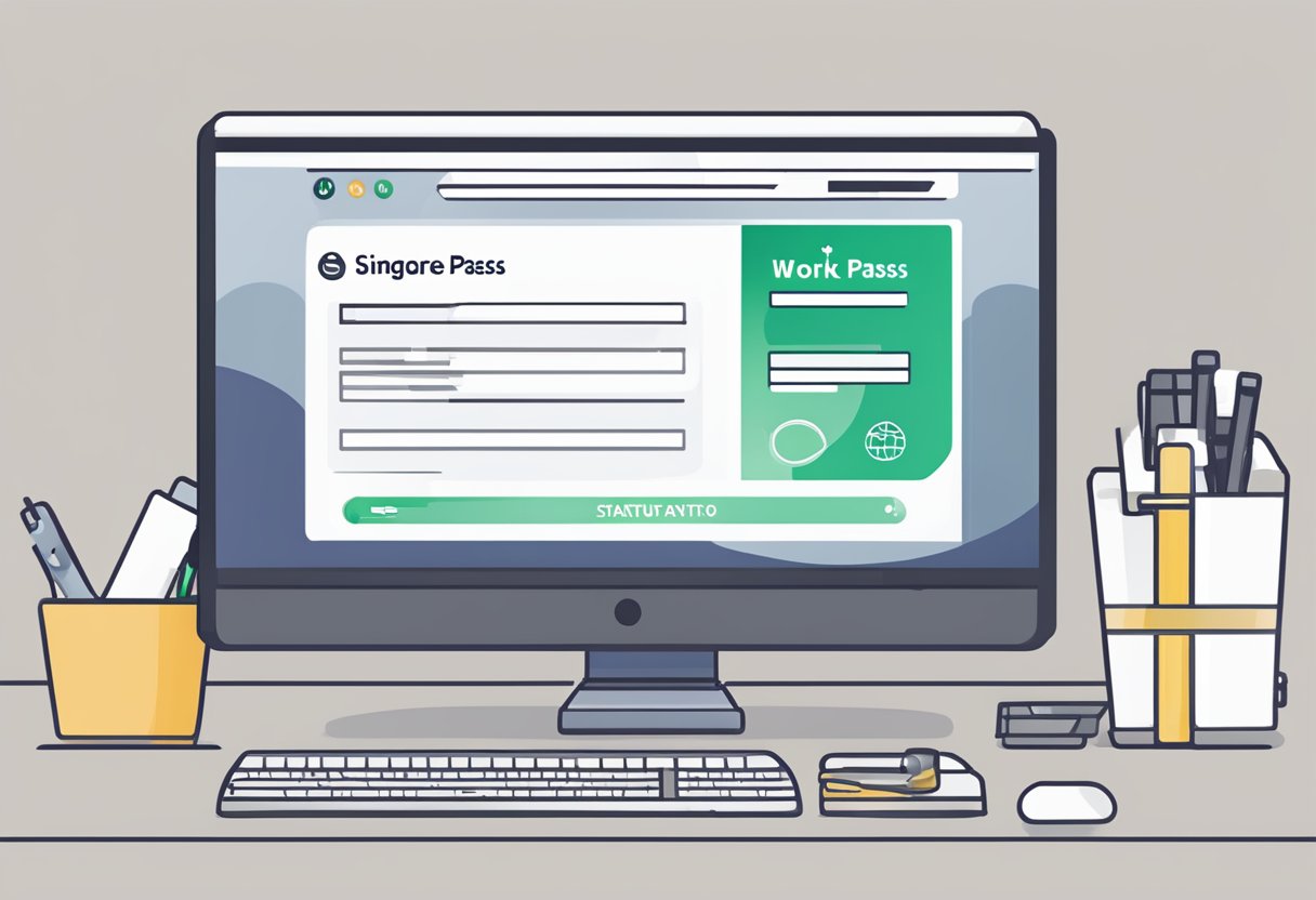 A computer screen displaying the "Singapore Work Pass Status" webpage, with a cursor hovering over the check status button