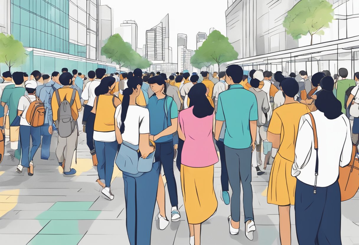 A group of people in a public space, following safe management measures outlined in Singapore's Community and Public Guidelines