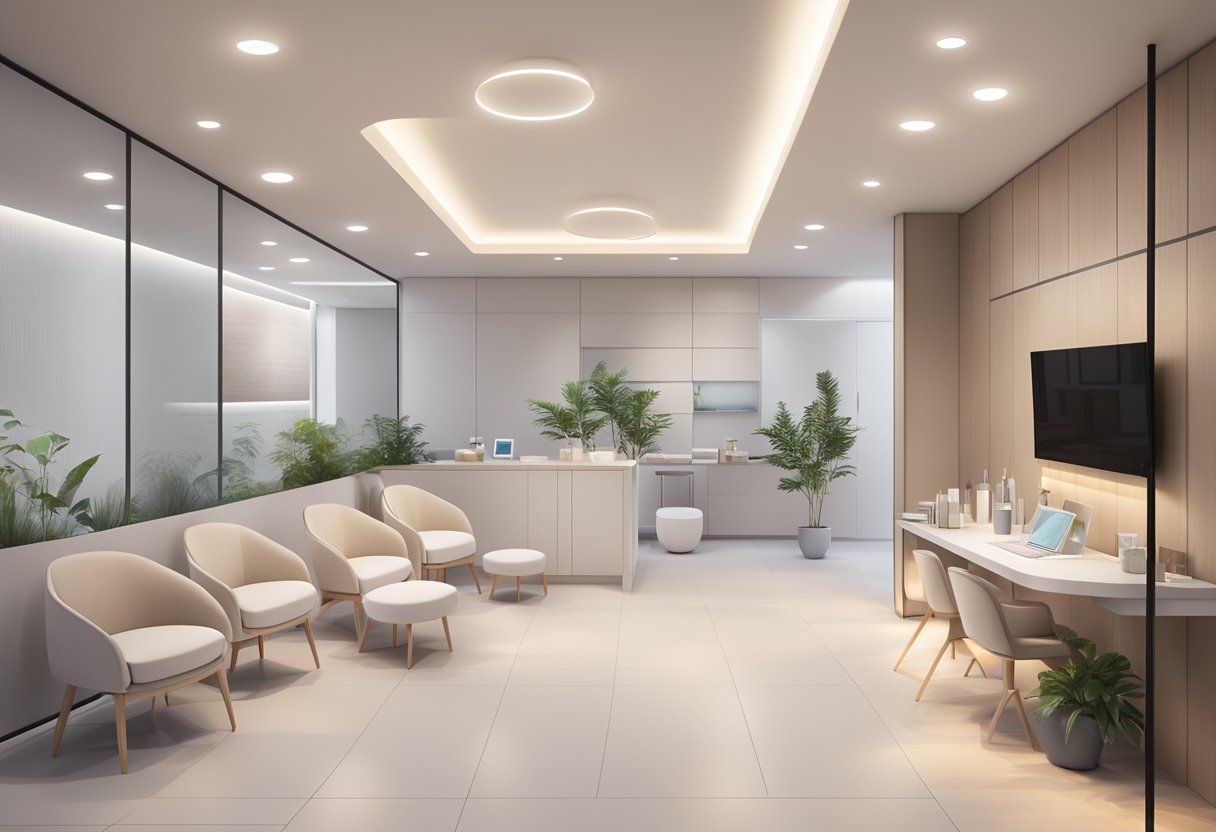 A modern skin clinic in Singapore with clean, minimalist decor, state-of-the-art equipment, and soothing ambient lighting