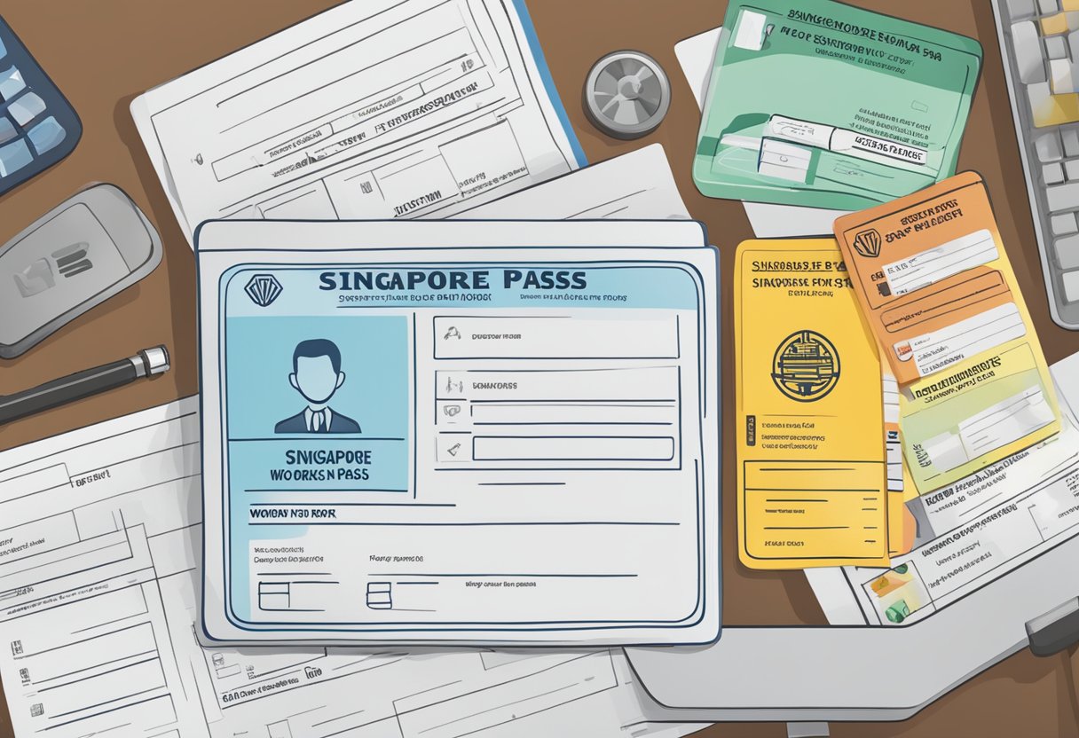 Various work pass cards laid out on a desk, including Employment Pass, S Pass, and Work Permit, with a computer screen displaying "Singapore work pass status" in the background