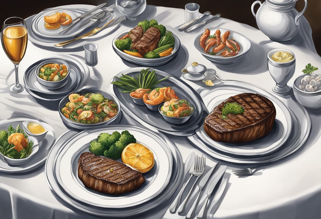 A table set with elegant dishes, featuring Morton's signature steak and seafood specialties, surrounded by dim lighting and upscale decor