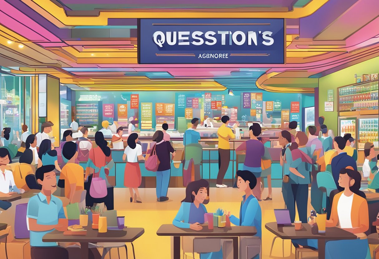 A colorful display of "Frequently Asked Questions" signs at Morton's Singapore, with a diverse crowd of customers in the background