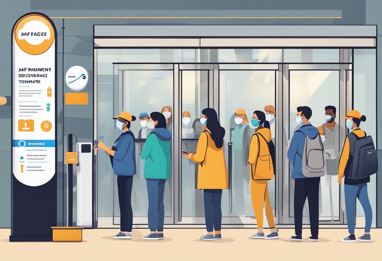 People standing in line, wearing masks, and maintaining social distance. Signage displaying safe management measures. Sanitization stations and temperature checks at the entrance
