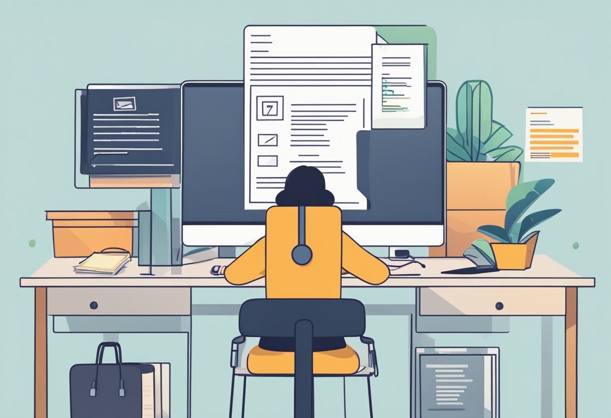 A desk with a computer, documents, and a passport. A person filling out forms and submitting online. A notification showing "Approved" status