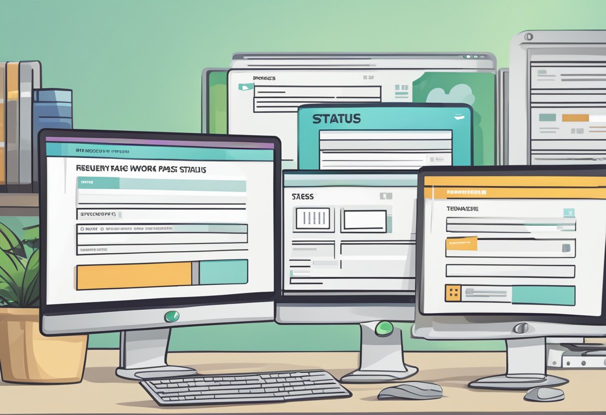 A computer screen displays "Frequently Asked Questions Singapore Work Pass Status" with a progress bar and status indicators