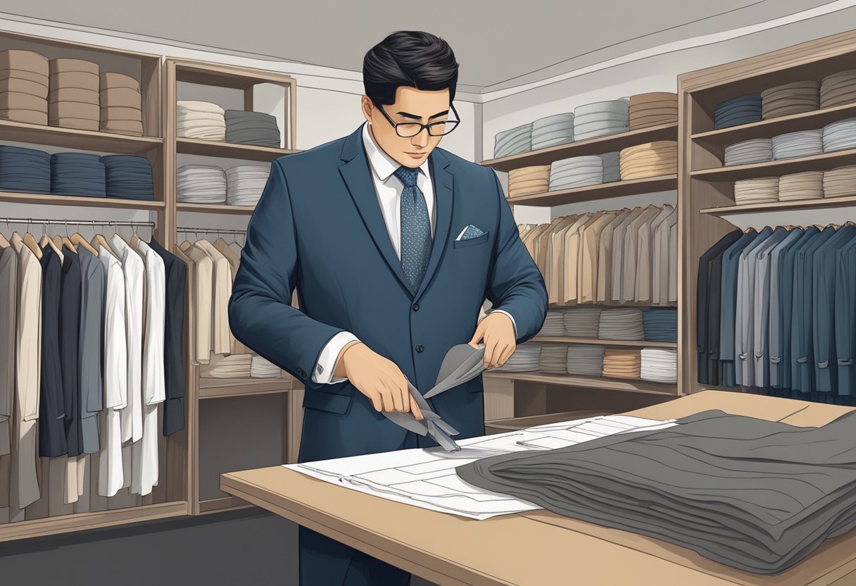 A suit tailor in Singapore meticulously measures and cuts fabric, surrounded by rolls of luxurious textiles and shelves of neatly displayed suit samples