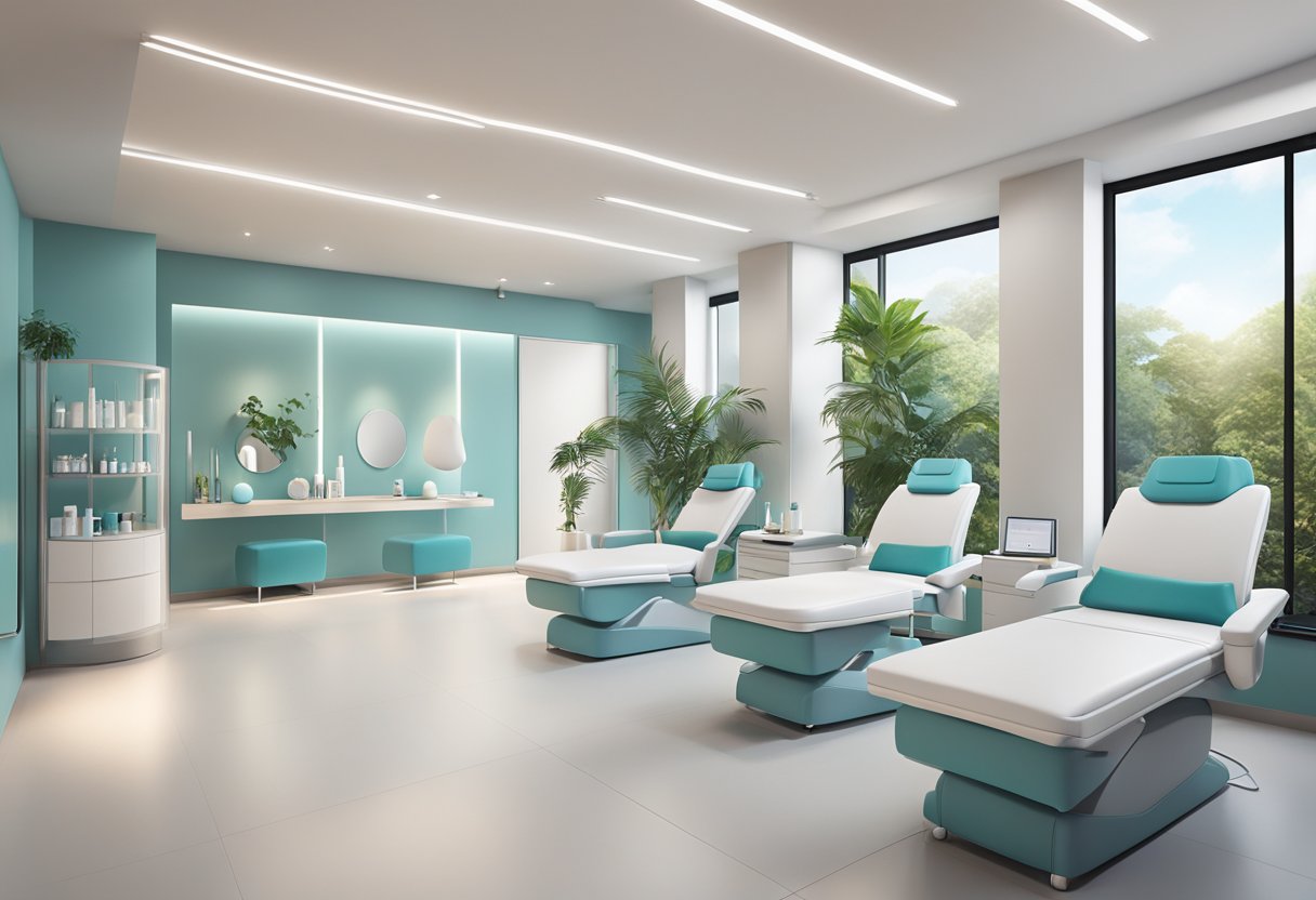 A modern, sleek skin clinic with minimalist decor, state-of-the-art equipment, and a calming ambiance