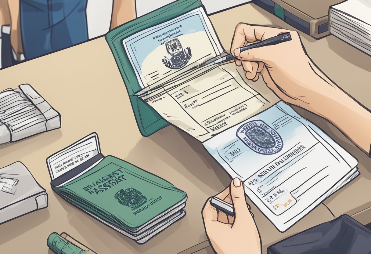 A traveler's passport and a social visit pass are being stamped at the immigration counter upon arrival in Singapore