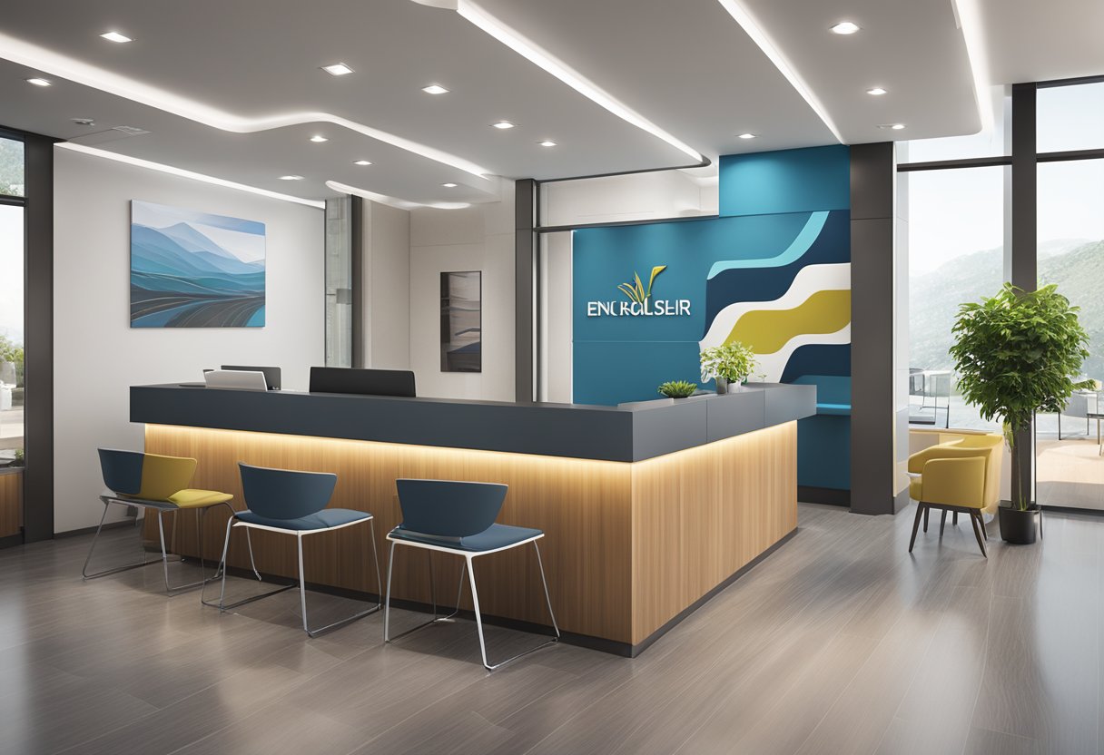 A modern and sleek reception area with a welcoming desk, comfortable seating, and informational brochures displayed on the walls