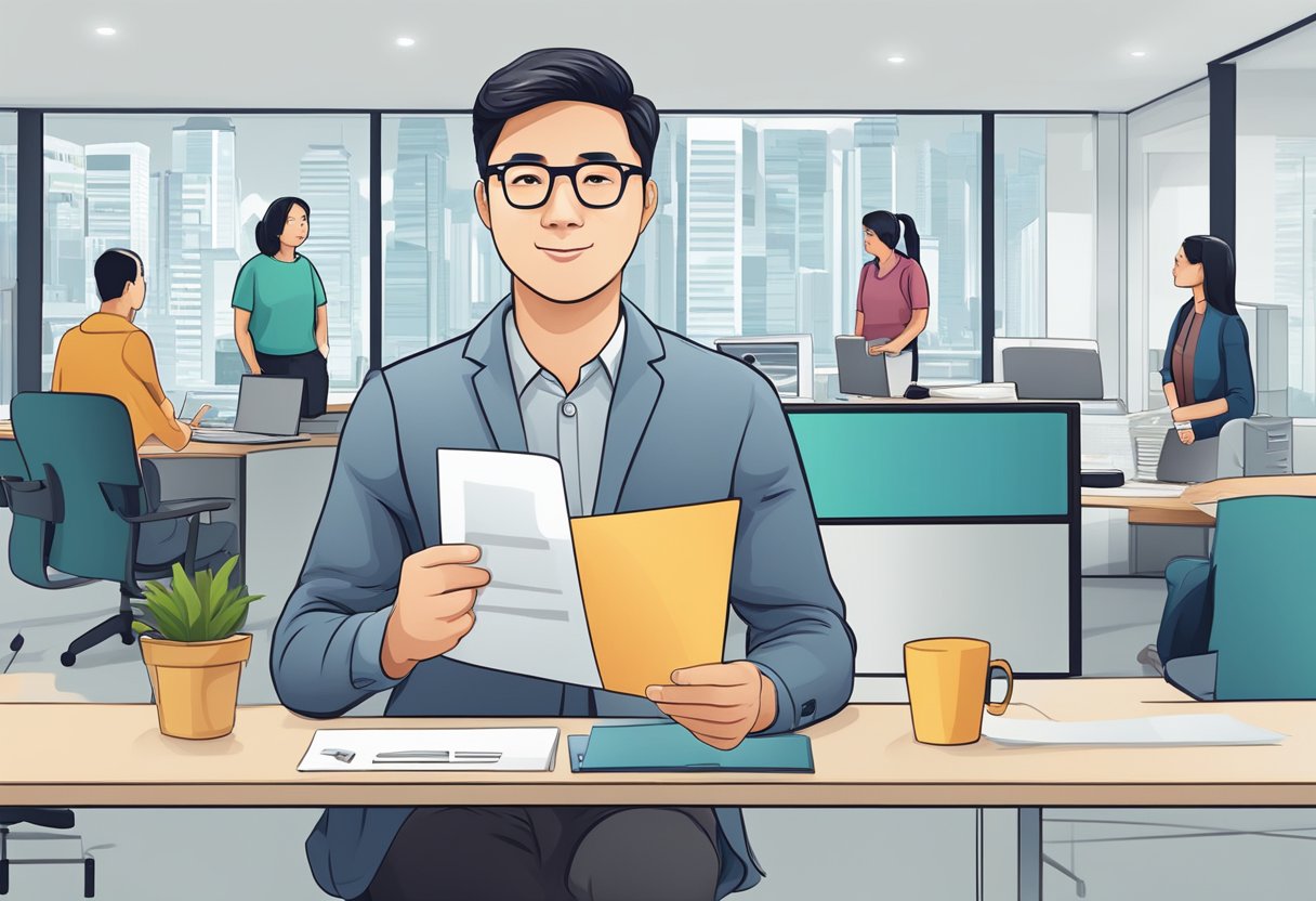 A person holding a "Frequently Asked Questions" sign at a Singapore social visit pass office