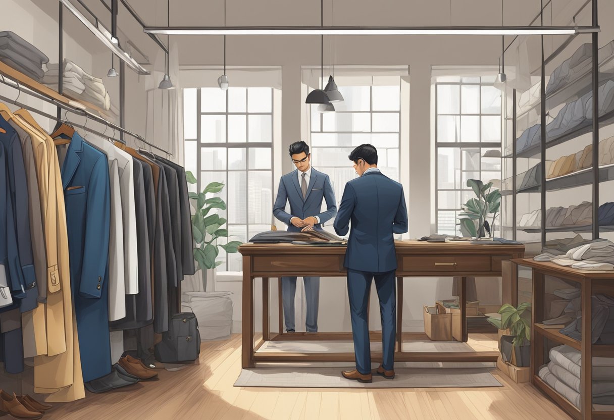 A tailor carefully selects fabrics and measures for a custom suit in a stylish Singapore workshop