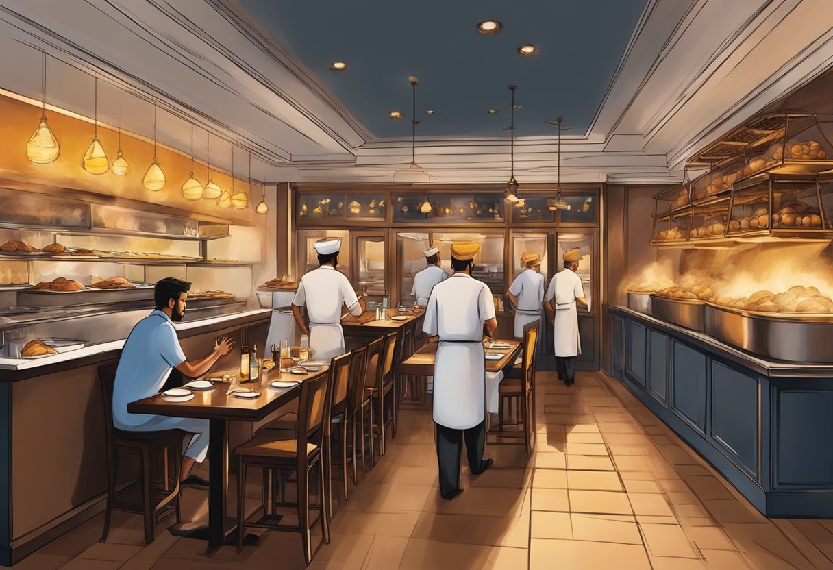 A bustling restaurant with elegant decor, glowing pendant lights, and aromatic smoke rising from sizzling tandoor ovens at Punjab Grill Singapore