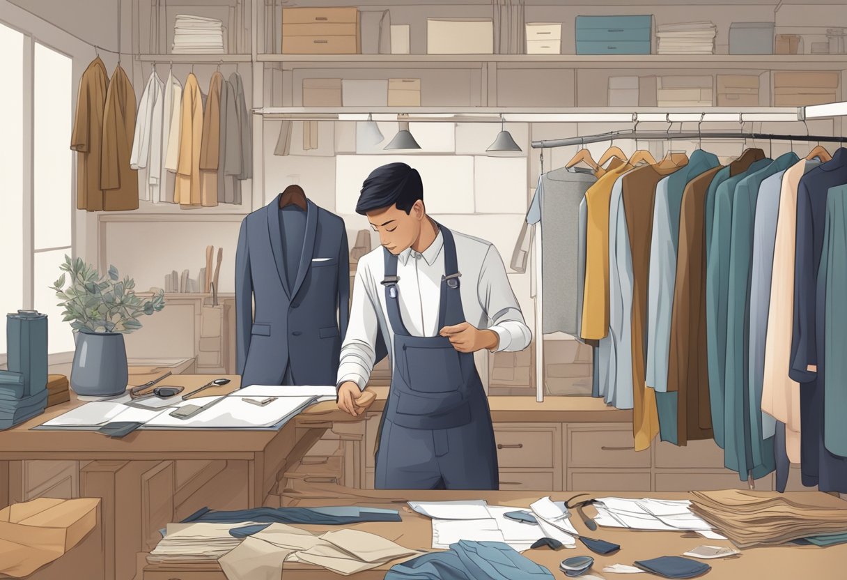 A tailor in Singapore answers questions about their services, surrounded by fabric swatches and measuring tools