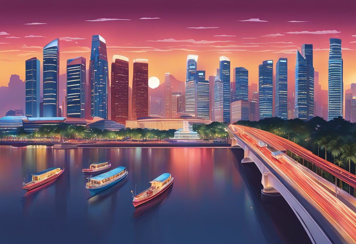 A vibrant display of red velvet Singapore skyline at dusk, with iconic landmarks and bustling city lights