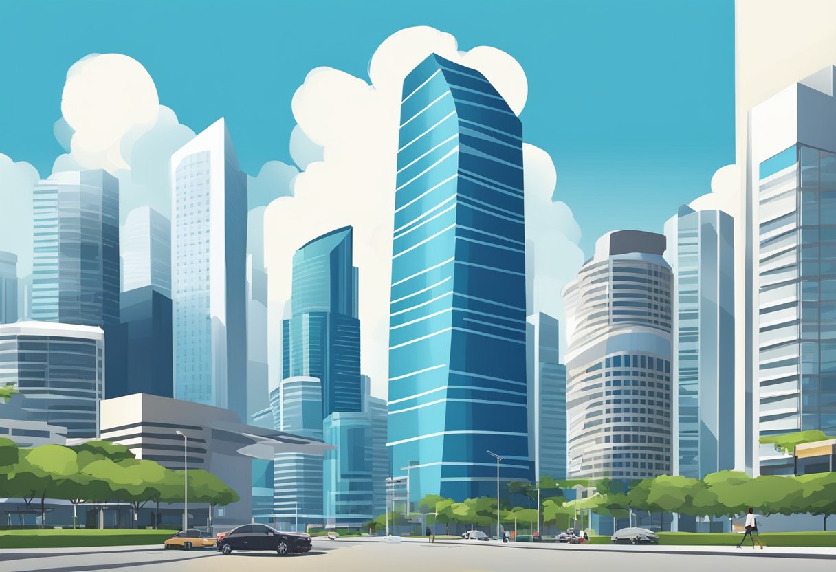 Robinson Road, Singapore: Capital Tower stands tall against a clear blue sky, surrounded by sleek modern buildings and bustling city streets