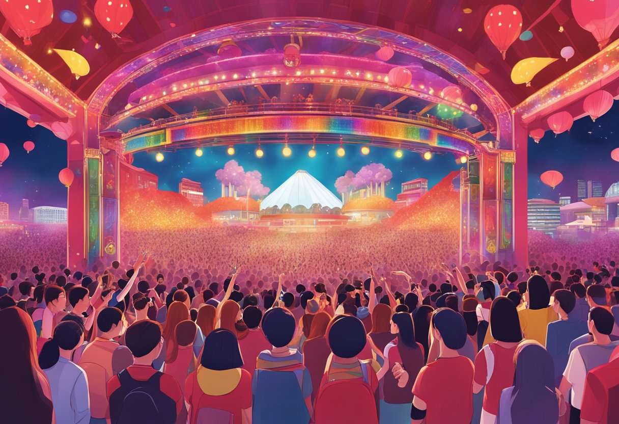 Red Velvet's journey: a vibrant stage with musical instruments, glowing lights, and a crowd of fans in Singapore, capturing their influence