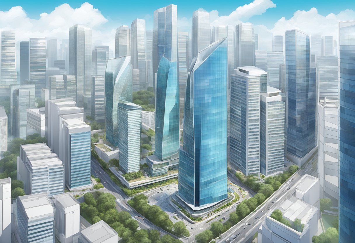 Aerial view of Capital Tower on Robinson Road, Singapore. Tall, glass skyscraper against a blue sky. Surrounding buildings and cityscape visible