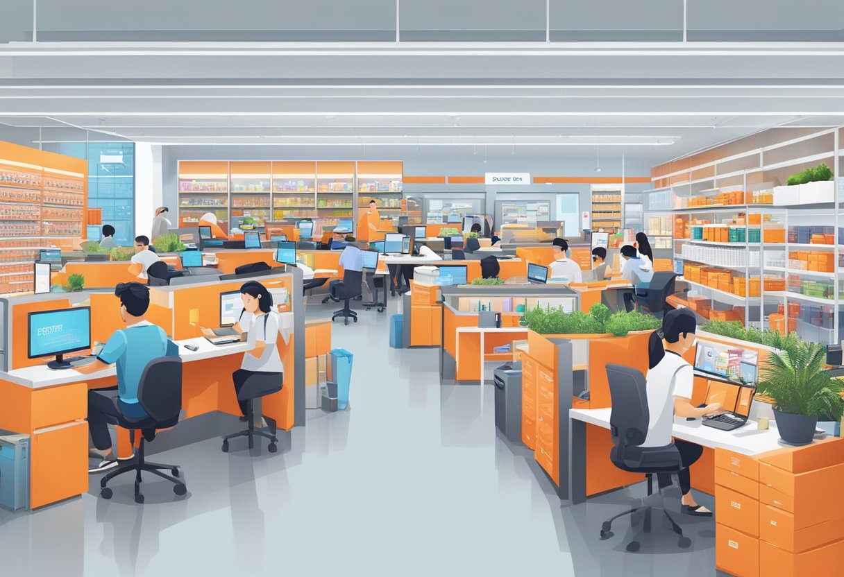The Shopee Seller Centre in Singapore bustles with activity, as sellers manage their online stores and interact with customers. The vibrant and modern workspace is filled with computers, shelves of products, and packaging materials
