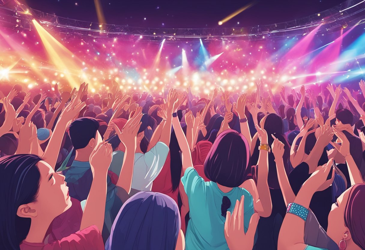 Red Velvet performs on stage, surrounded by adoring fans in Singapore. The crowd cheers and waves light sticks as the group interacts with them