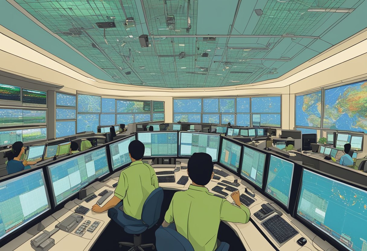 The Singapore air traffic control centre bustles with activity as controllers monitor incoming and outgoing flights on their radar screens. The room is filled with the sound of communication between pilots and controllers, creating a sense of controlled chaos