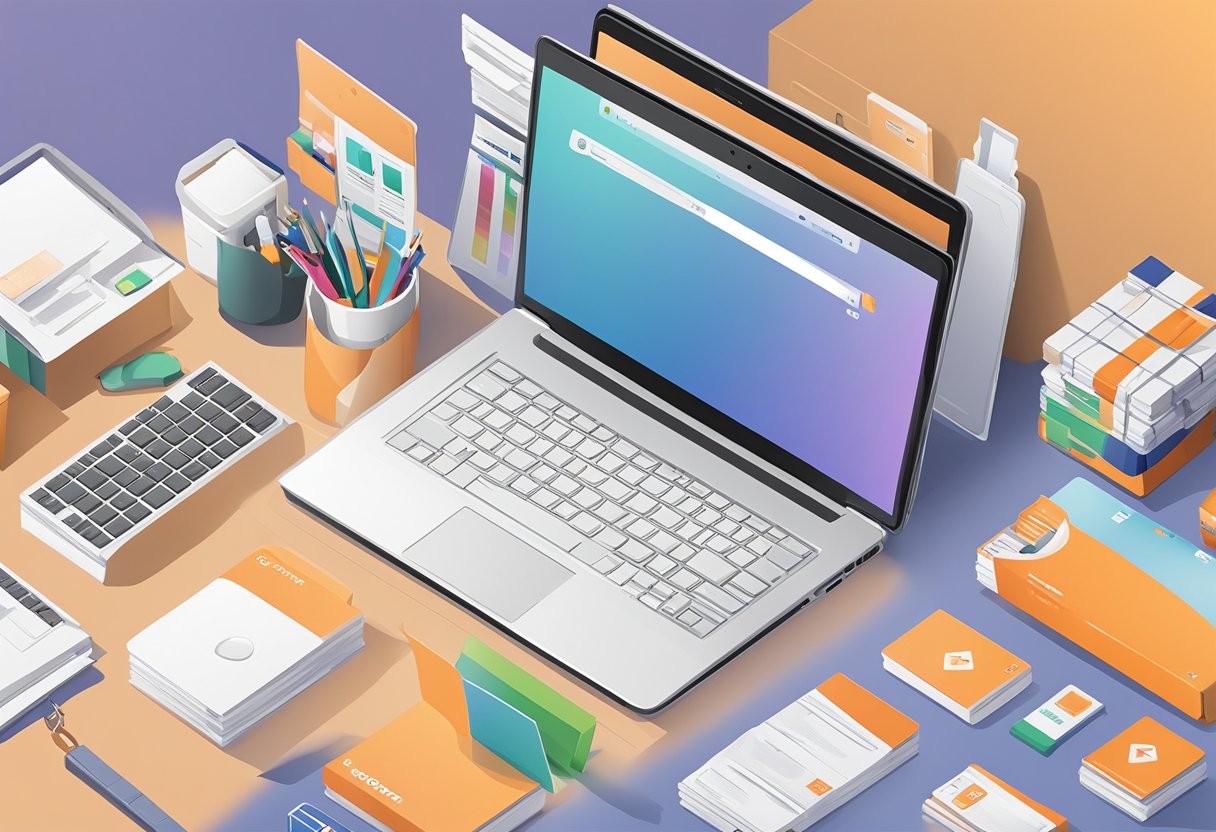 A laptop open on a desk with the Shopee Seller Centre website displayed, surrounded by packaging materials and products ready for sale