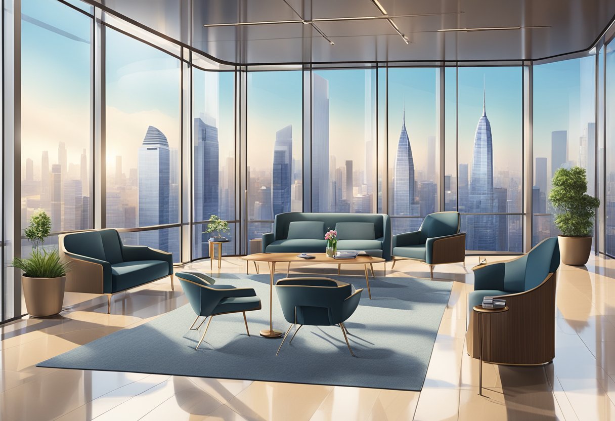 The scene depicts a modern office lobby with sleek furniture, a concierge desk, and a view of the city skyline through floor-to-ceiling windows