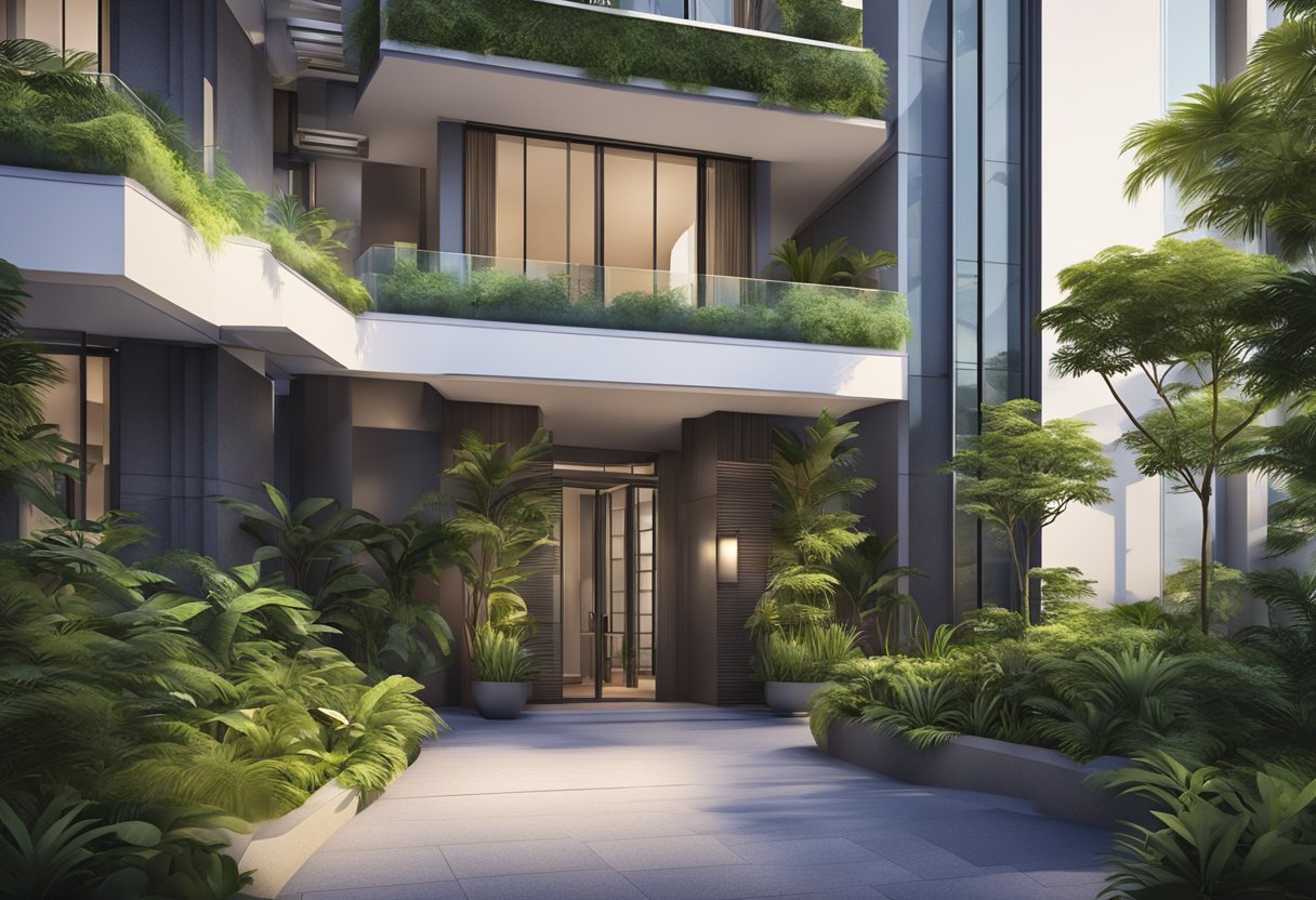 A modern Singapore apartment hotel with sleek architecture and lush greenery surrounding the entrance