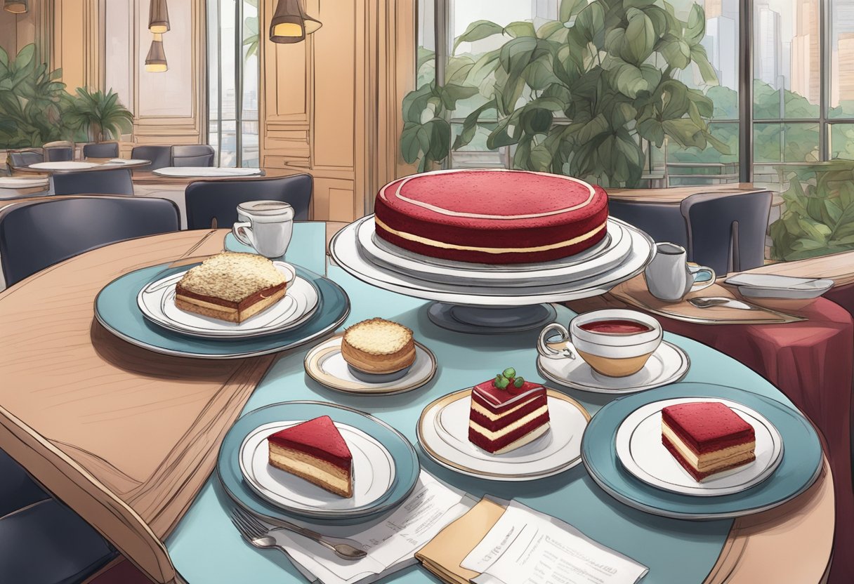 A table with a red velvet cake, a menu, and a stack of plates at a bustling café in Singapore