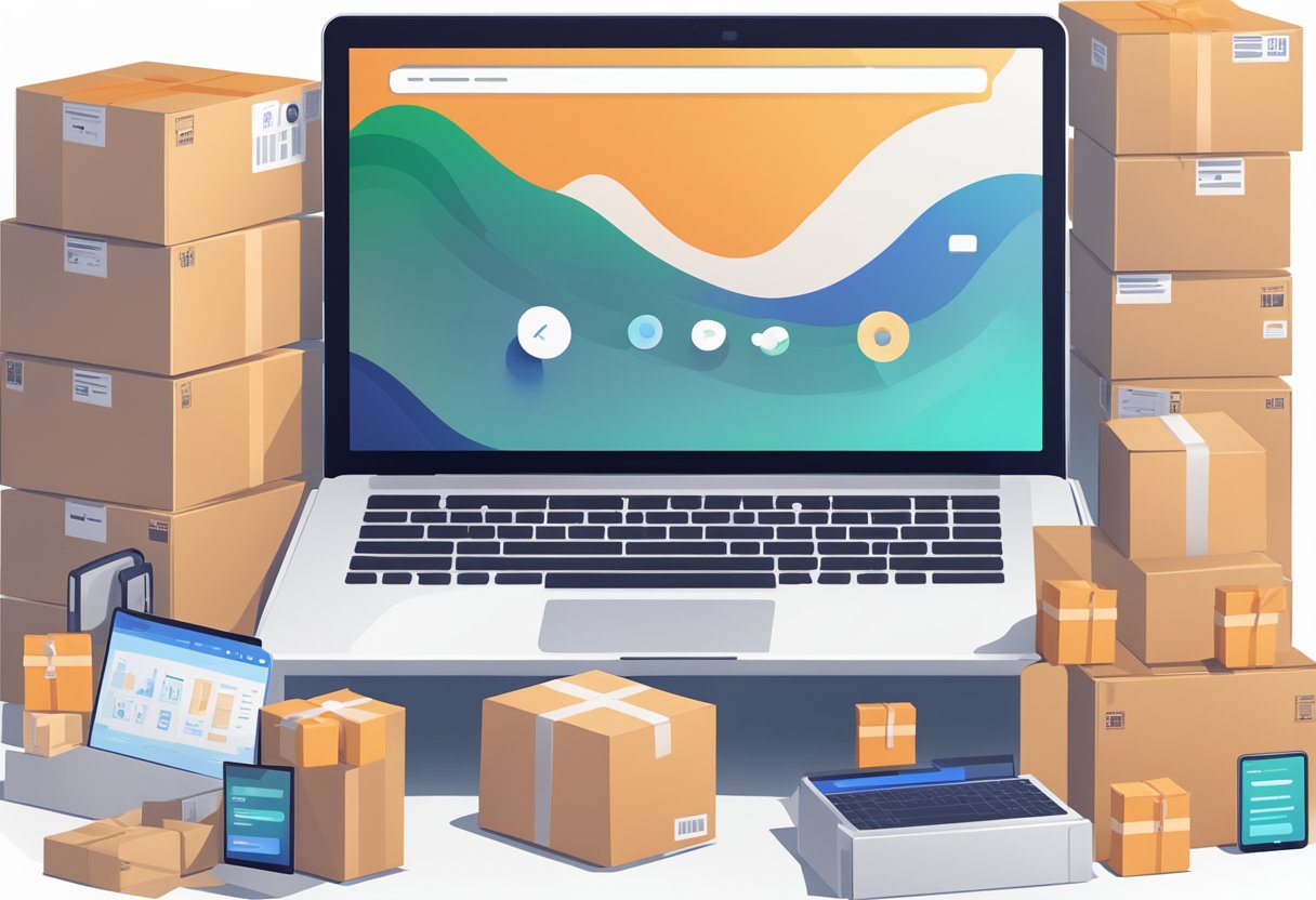 A laptop displaying the Shopee Seller Centre with various optimization tools and data charts, surrounded by packaging materials and a stack of parcels ready for shipment