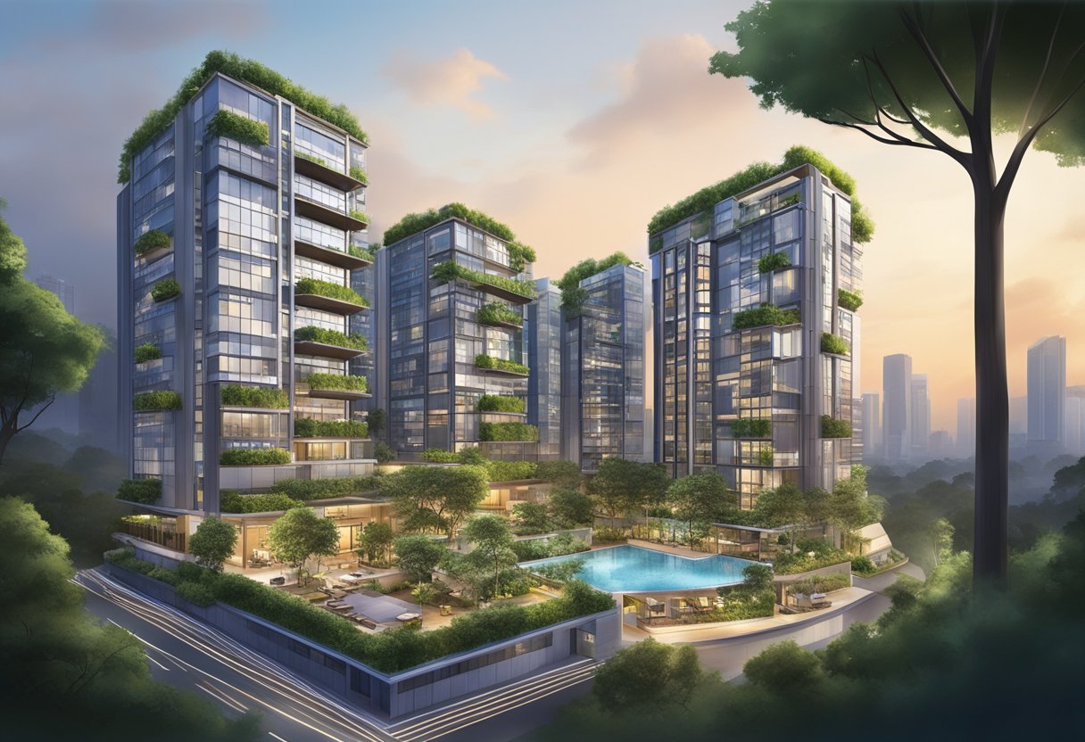 A modern apartment hotel in Singapore, with sleek architecture and lush greenery, set against a backdrop of a bustling city skyline