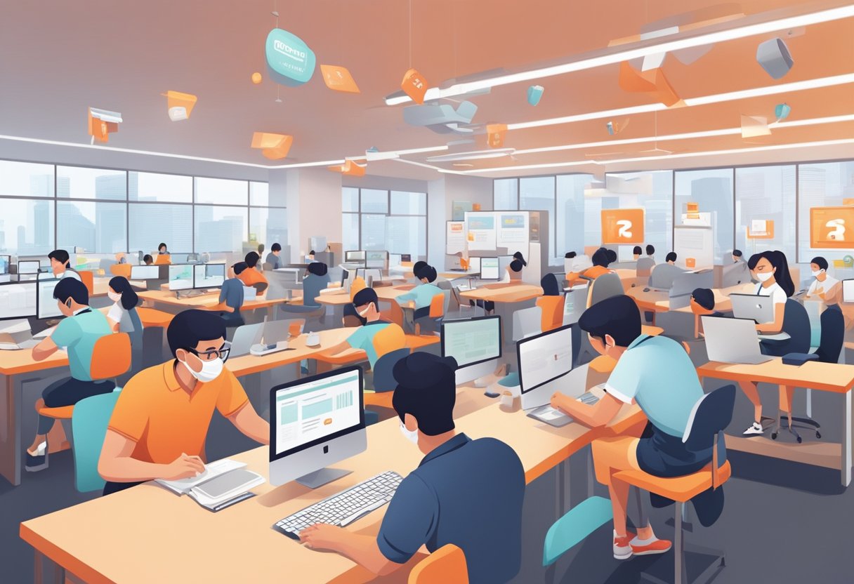 The Shopee Seller Centre in Singapore buzzes with activity as sellers consult the Frequently Asked Questions section for guidance