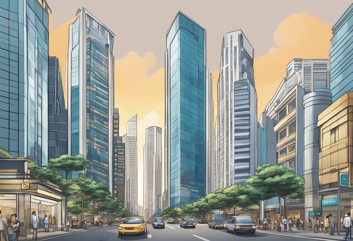 A bustling street with skyscrapers in the background, featuring a prominent sign reading "Frequently Asked Questions" at Robinson Road Capital Tower, Singapore