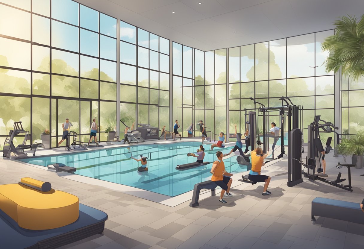 Guests enjoying a workout in the on-site fitness center, while others relax in the outdoor pool or socialize in the communal lounge area