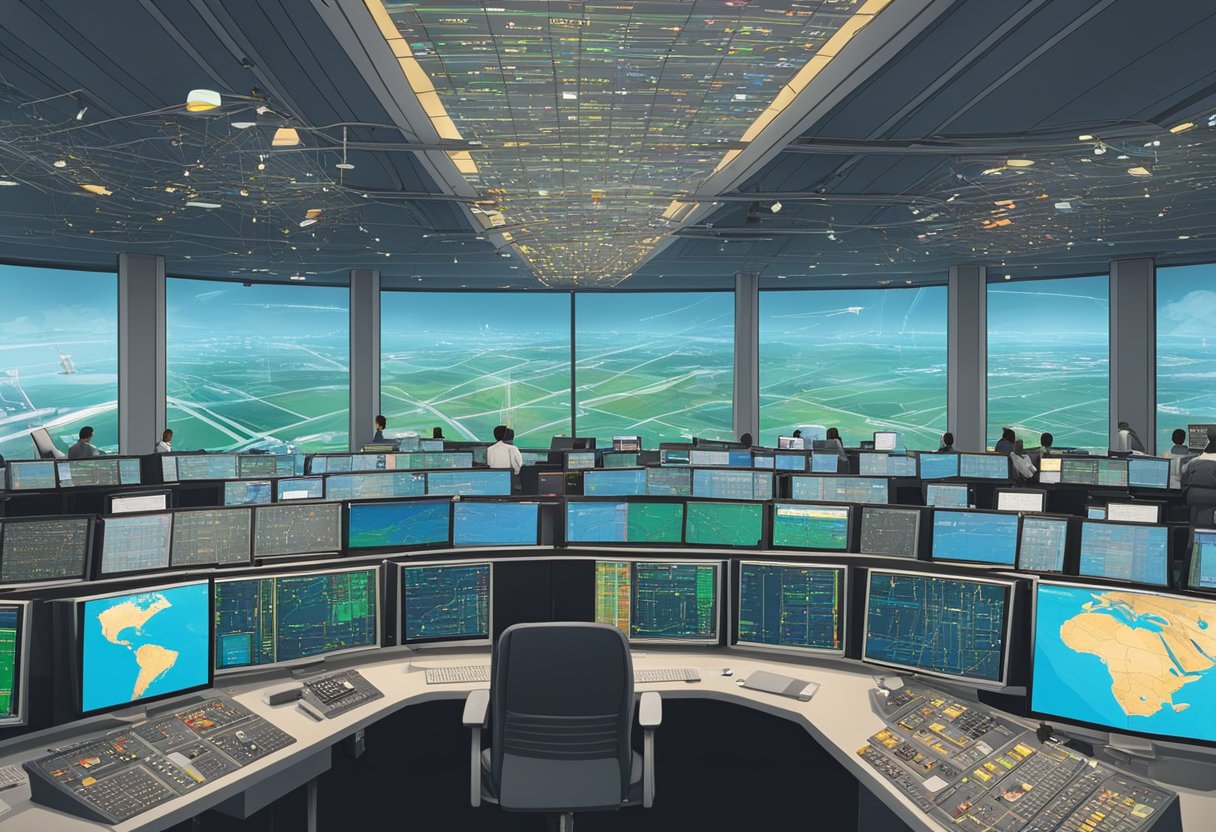 The bustling Singapore air traffic control centre, with radar screens and communication equipment, is filled with busy controllers managing incoming and outgoing flights