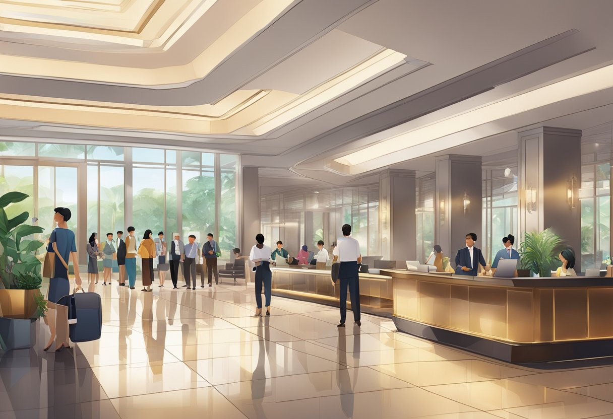 A bustling hotel lobby in Singapore, with a front desk surrounded by guests asking questions. The sleek, modern decor and vibrant atmosphere create a sense of activity and hospitality