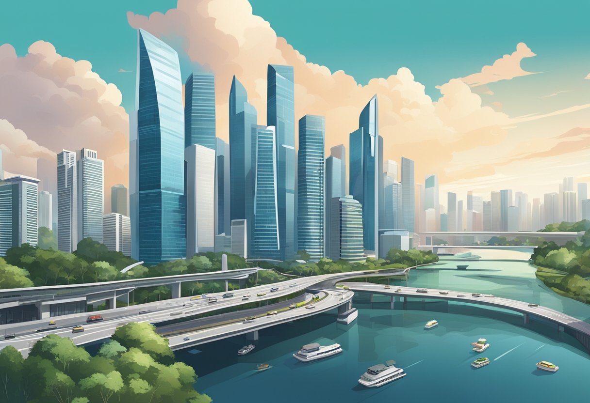 A bustling cityscape with modern skyscrapers and a network of roads, showcasing the urban landscape of Singapore