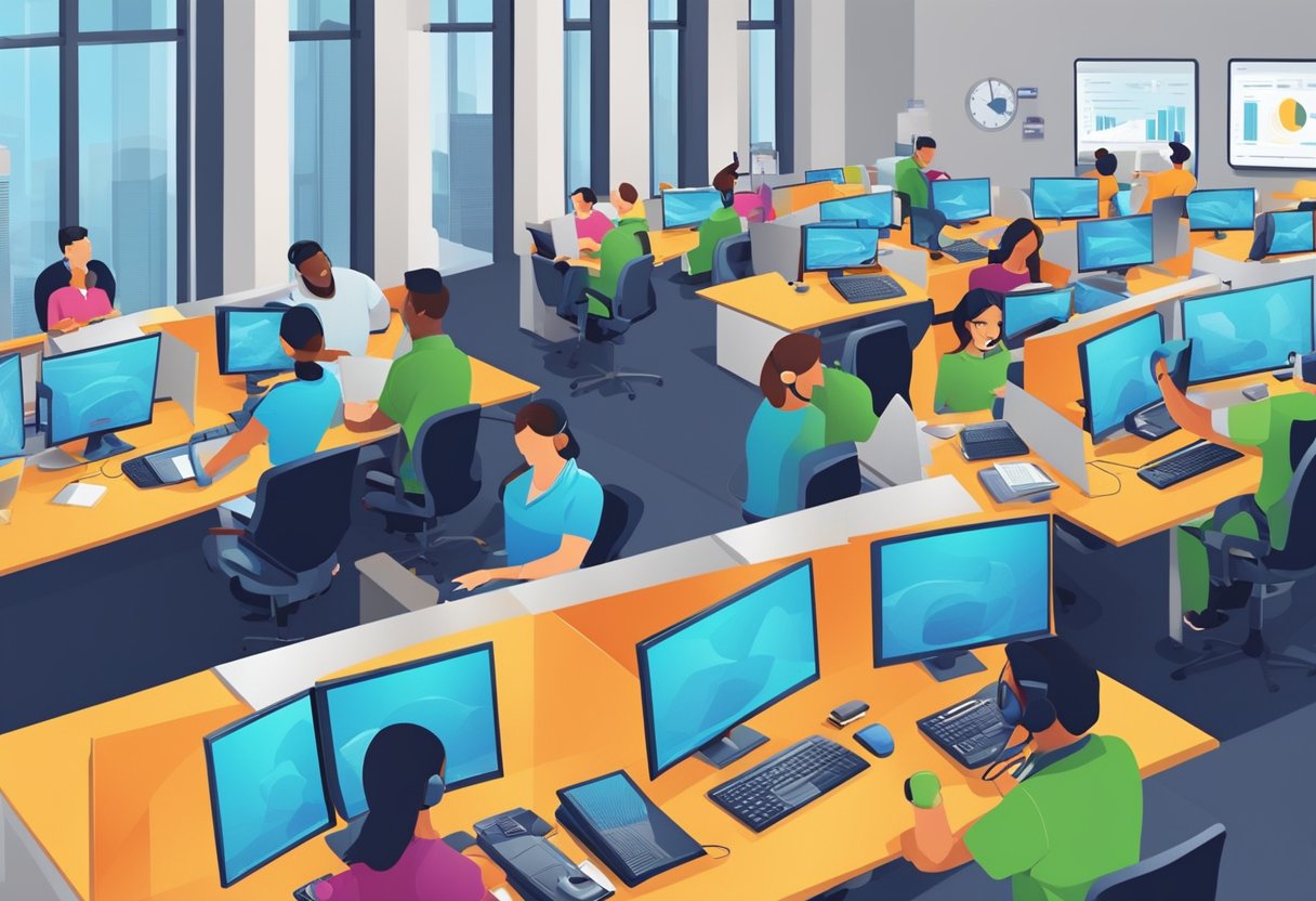 A bustling call center with employees assisting clients, while tech support troubleshoots. The office is modern and vibrant, with branding prominently displayed