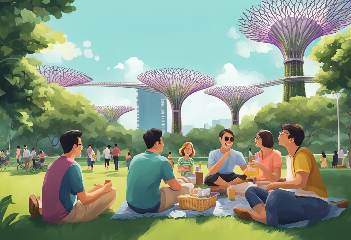 Friends enjoy a picnic at Gardens by the Bay, with the iconic Supertree Grove in the background. Laughter and conversation fill the air as they relax and take in the beautiful surroundings