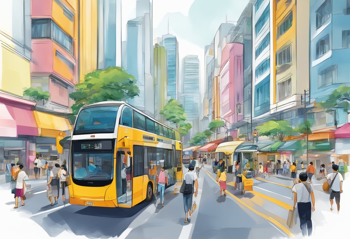 A bustling street in Singapore, with modern buildings and vibrant city life