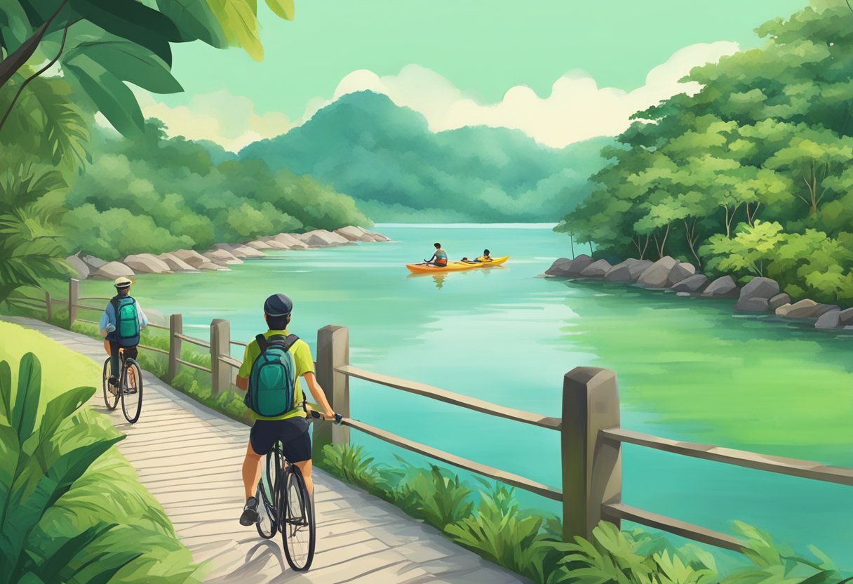 People hiking in lush green forest, kayaking in calm waters, and cycling along scenic coastal paths in Singapore