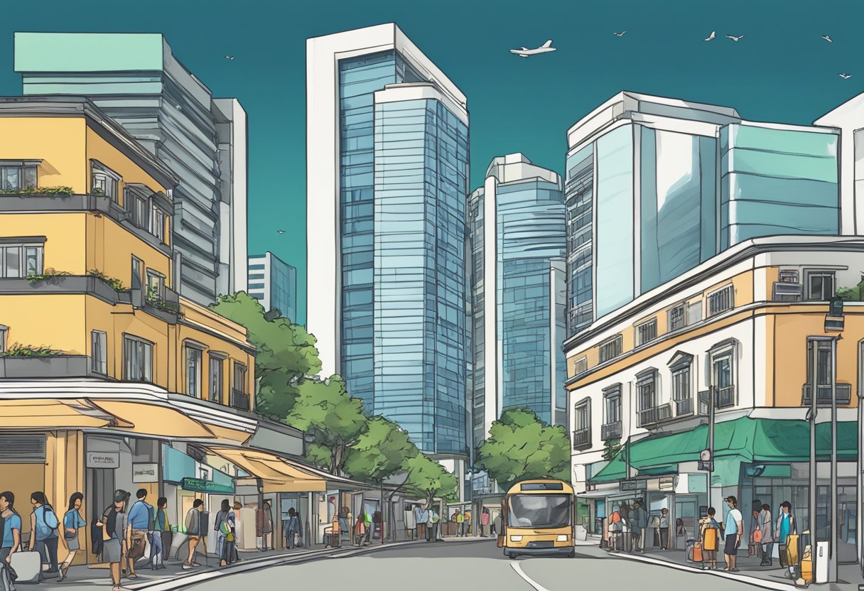 A bustling street in Singapore, with the Vertex building in the background and a sign for "Frequently Asked Questions" at Ubi Avenue 3