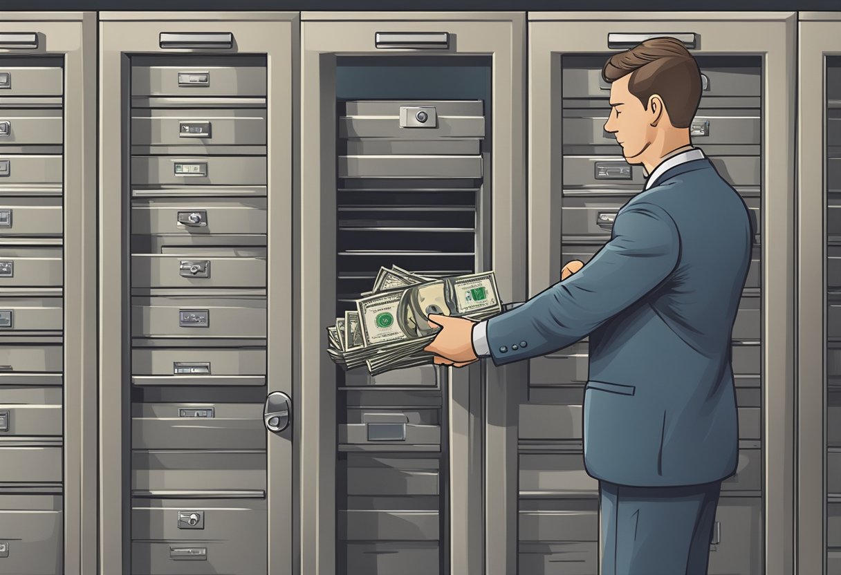 A bank teller places a stack of US dollars into a safe deposit box in a secure room