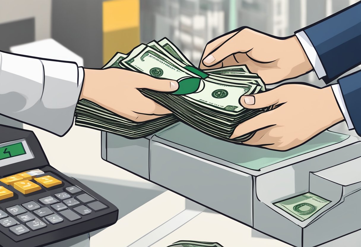A stack of Singaporean dollars being exchanged for Vietnamese dong at a currency exchange booth