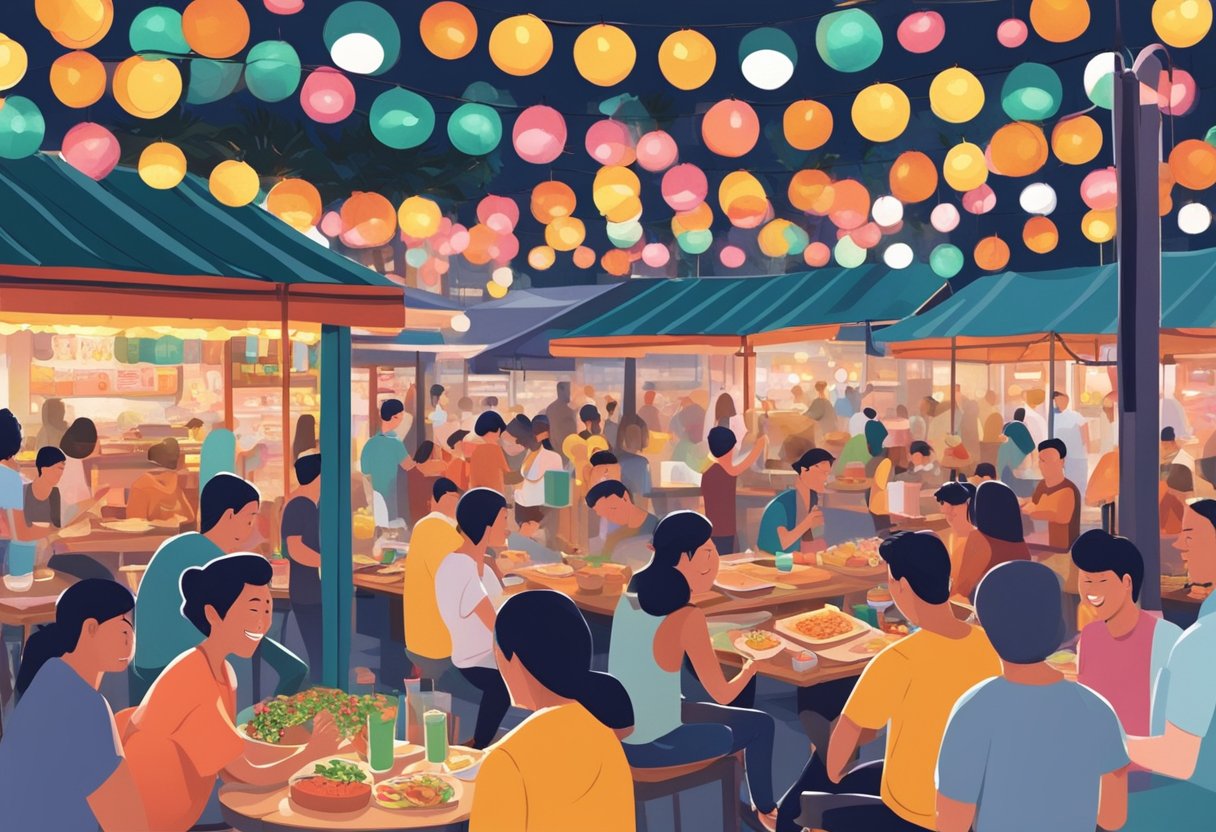 Friends laughing at a hawker center, surrounded by colorful food stalls and twinkling lights. Music and chatter fill the air as they explore the vibrant nightlife of Singapore