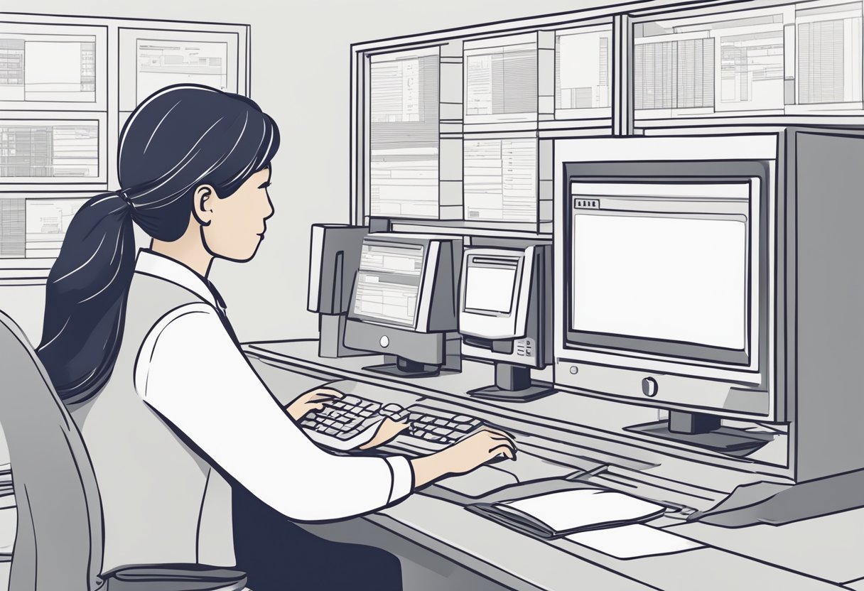 A bank teller processes a USD fixed deposit for a customer in Singapore. The customer fills out paperwork while the teller inputs the information into the computer system