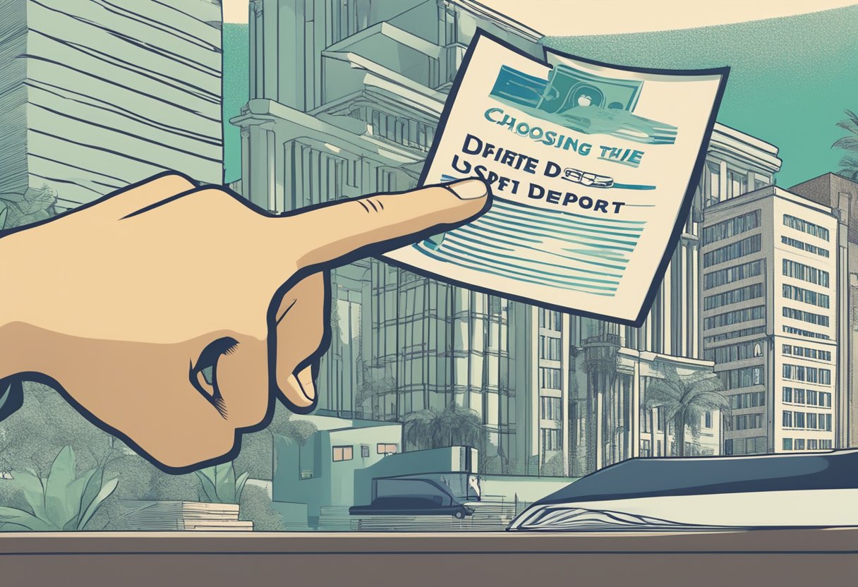A hand reaching for a sign that reads "Choosing the Right USD Fixed Deposit" with a bank logo in the background