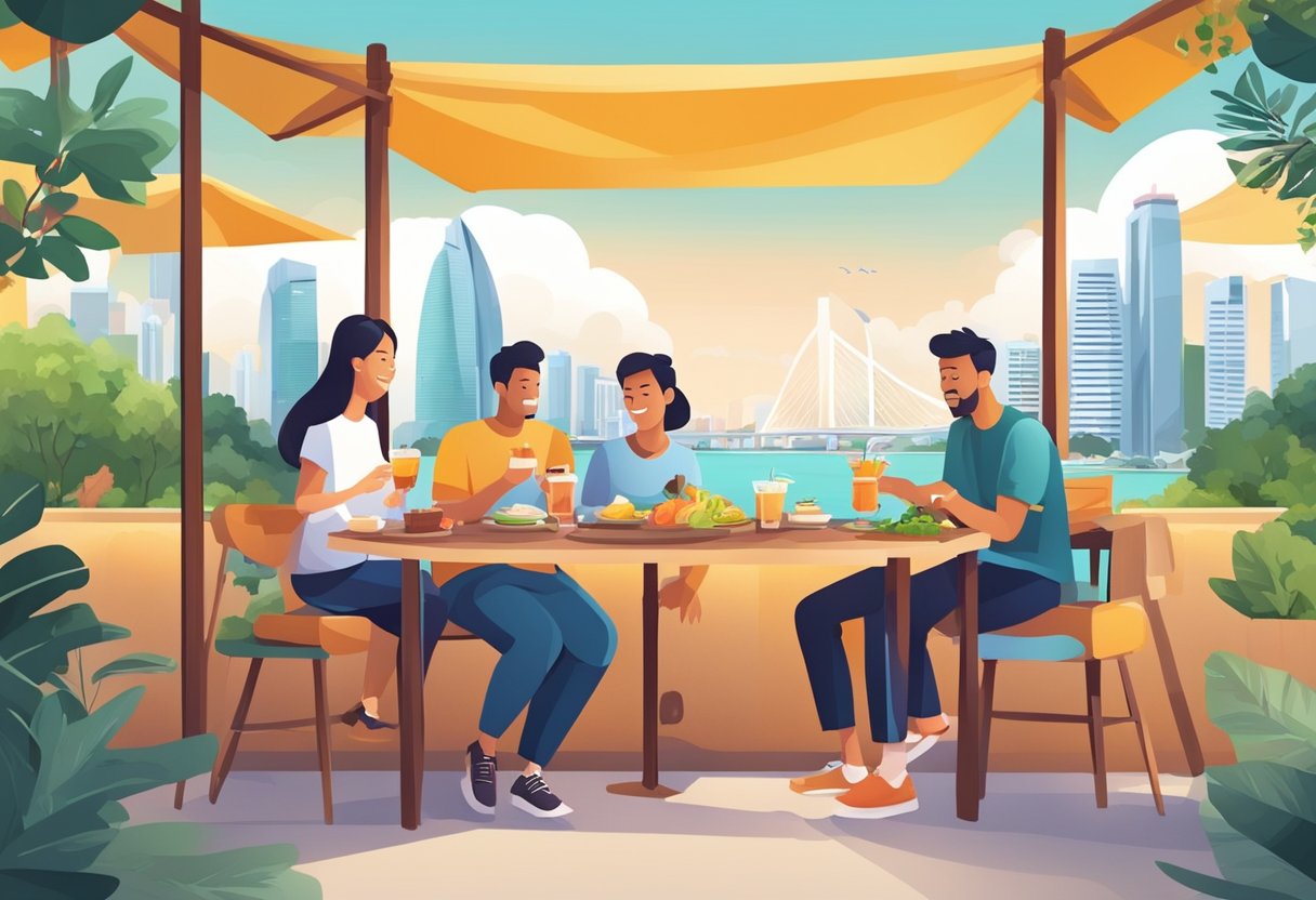 A group of friends enjoying various activities in Singapore, such as visiting iconic landmarks, trying local cuisine, and exploring vibrant neighborhoods