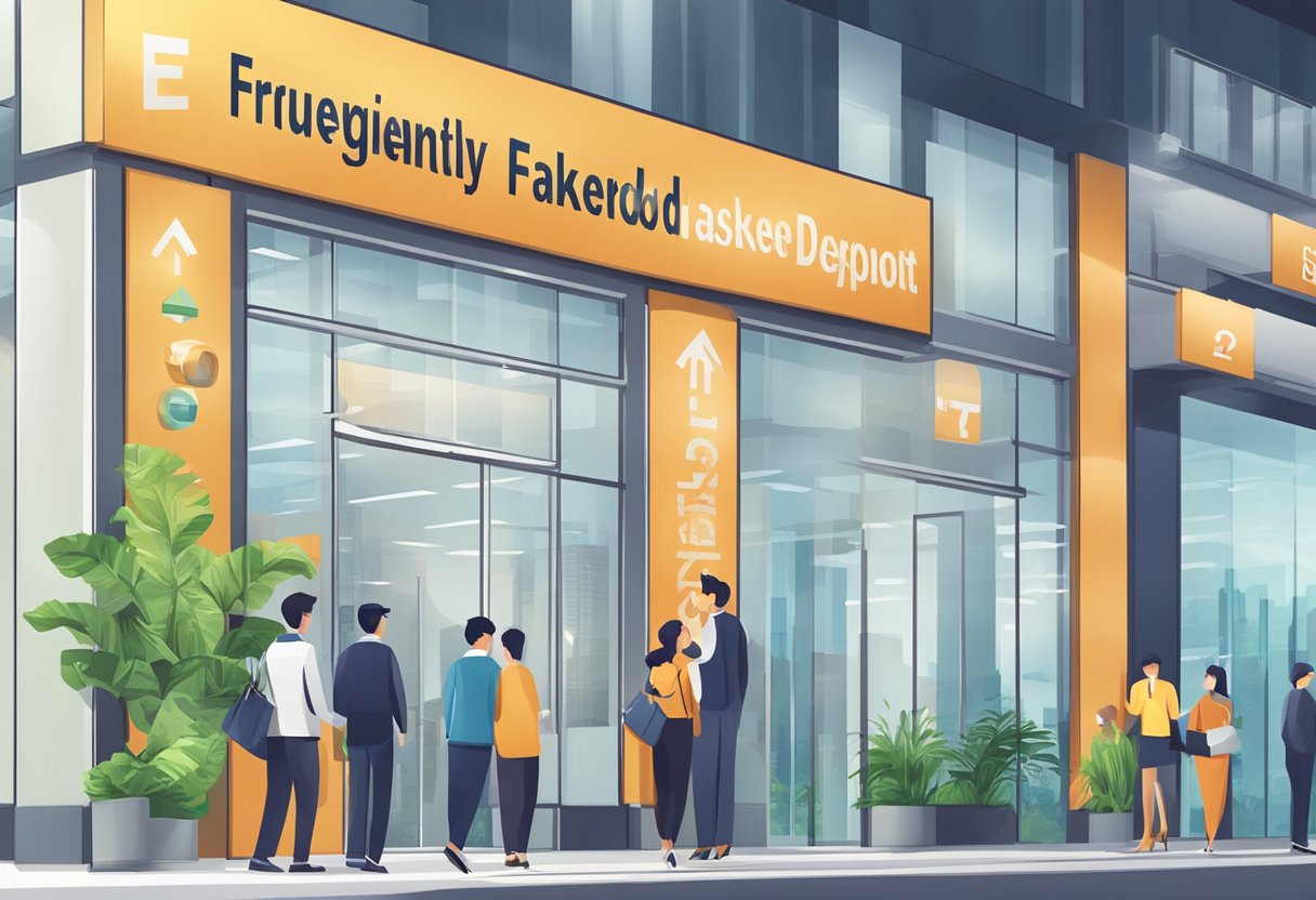 A signboard with "Frequently Asked Questions USD Fixed Deposit Singapore" displayed prominently