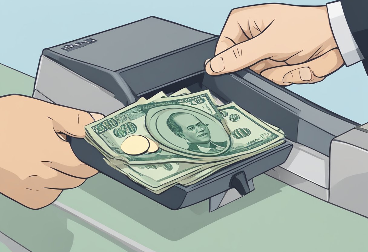 A hand holding Singapore dollars, exchanging for Vietnamese dong at a currency exchange counter