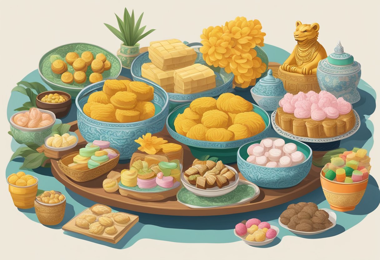A table filled with iconic Singaporean gifts: Merlion statues, Peranakan textiles, and traditional kueh sweets